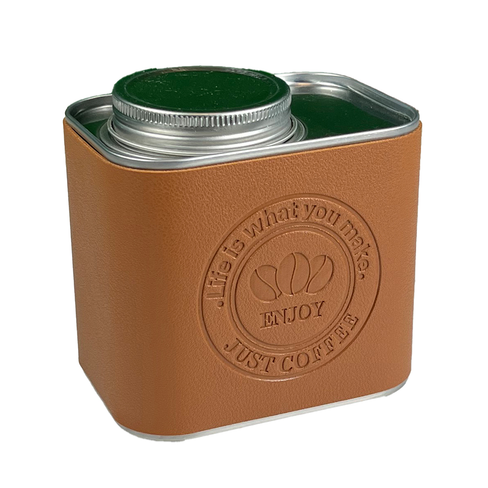 Luxury Leather-Wrapped Coffee Tin | Custom Embossed Metal Canister