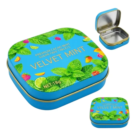 Customized mint tin container with hinged lid - small rectangular airtight metal box for breath mints and candy