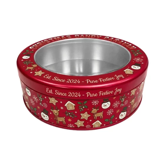 Round Christmas tin with window - see-through lid for displaying holiday candies and treats