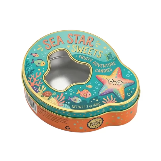 Food-grade metal tin with window for candy display - stackable jar for retail shelves