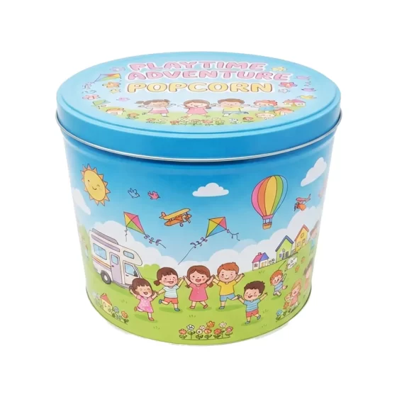 2 gallon popcorn tin with lid - large round metal container for popcorn and candy storage