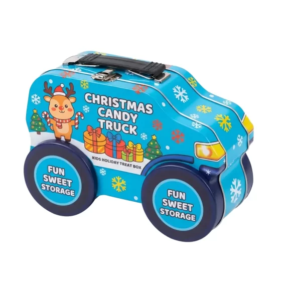 Christmas car candy tin with airtight lid - festive custom printed car-shaped metal container for holiday chocolates Christmas car candy tin with airtight lid - festive custom printed car-shaped metal container for holiday chocolates