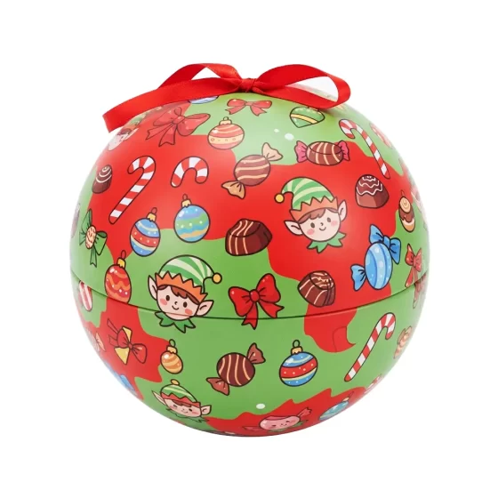 Ball-shaped Christmas candy tin with ribbon - 0.23mm tinplate container for holiday treats and decoration Ball-shaped Christmas candy tin with ribbon - 0.23mm tinplate container for holiday treats and decoration