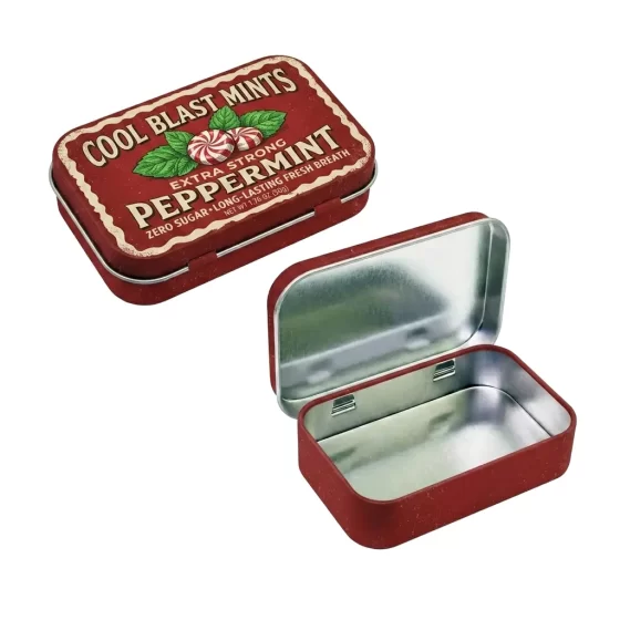 Custom hinged peppermint mint tin box with flip-top lid - small rectangular food-grade metal container for breath mints Custom hinged peppermint mint tin box with flip-top lid - small rectangular food-grade metal container for breath mints