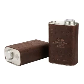 Vintage leather coffee bean tin with cowhide wrap - airtight metal canister for specialty coffee storage