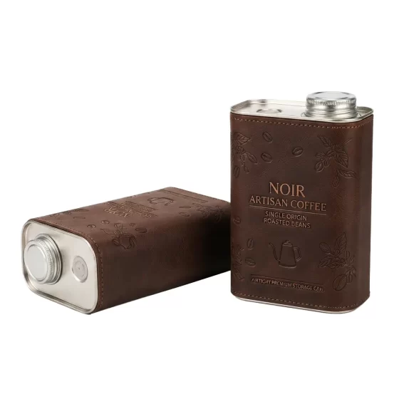 Vintage leather coffee bean tin with cowhide wrap - airtight metal canister for specialty coffee storage Vintage leather coffee bean tin with cowhide wrap - airtight metal canister for specialty coffee storage