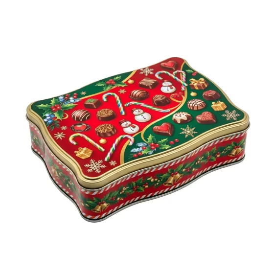 Custom printed chocolate tin with hinged lid - rectangular food-grade metal container for chocolates and truffles Custom printed chocolate tin with hinged lid - rectangular food-grade metal container for chocolates and truffles