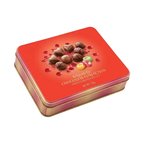 Premium printing chocolate tin with embossed logo - food-grade metal box with offset printing and gold foil stampin