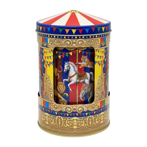 Carousel music tin box with rotating mechanism and festive holiday artwork - food-grade metal container for Christmas candy and chocolates Carousel music tin box with rotating mechanism and festive holiday artwork - food-grade metal container for Christmas candy and chocolates