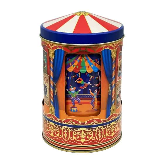 Carousel tin box for sweets with rotating music mechanism and festive artwork - food-grade metal container for Christmas candy and chocolates Carousel tin box for sweets with rotating music mechanism and festive artwork - food-grade metal container for Christmas candy and chocolates