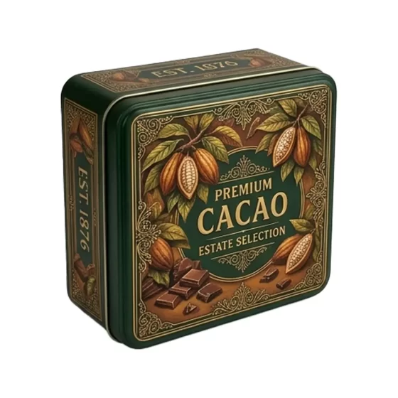 Dark chocolate metal tin with vivid 3D embossing - food-grade tinplate container for premium chocolates Dark chocolate metal tin with vivid 3D embossing - food-grade tinplate container for premium chocolates