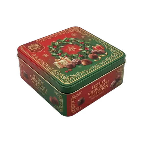 Embossed dark chocolate tin box with hinged lid and 3D embossing - square food-grade metal container for premium chocolates Embossed dark chocolate tin box with hinged lid and 3D embossing - square food-grade metal container for premium chocolates
