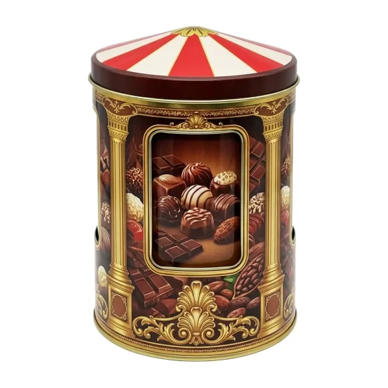 Musical Christmas tin box with dome lid and music mechanism - festive food-grade metal container for candy and chocolates Musical Christmas tin box with dome lid and music mechanism - festive food-grade metal container for candy and chocolates