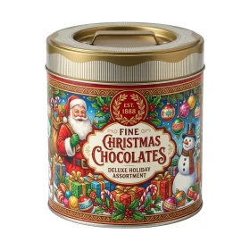 Vintage round chocolate tin with handle and premium matte finish - food-grade metal container for chocolates and truffles