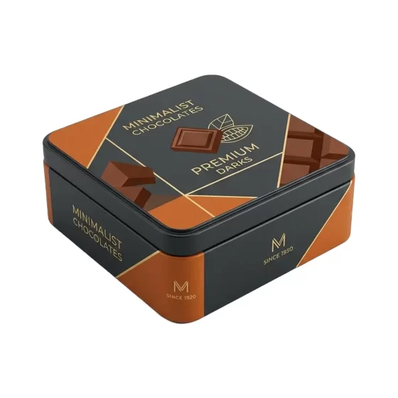 Dark chocolate tin box with hinged lid and 3D embossing - square food-grade metal container for premium chocolates