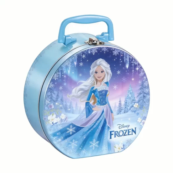 Round cartoon tin gift box with carry handle Round cartoon tin gift box with carry handle