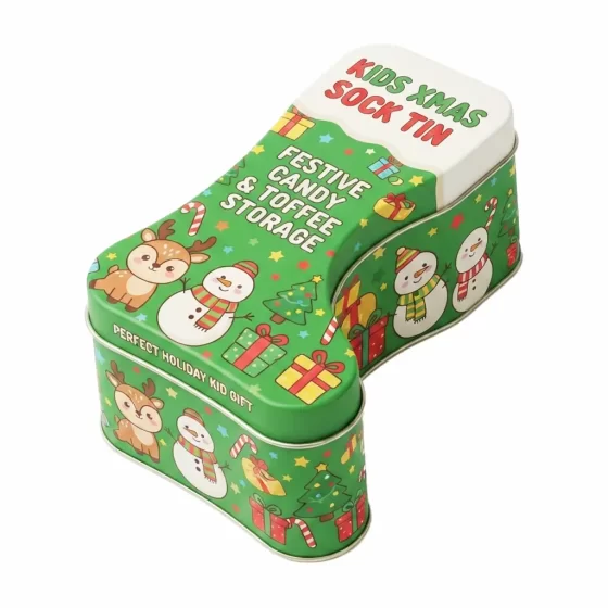 Christmas stocking tin box for candy and holiday gifts Christmas stocking tin box for candy and holiday gifts