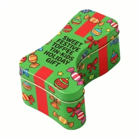 Christmas stocking-shaped tin box with festive candy and ribbon printing