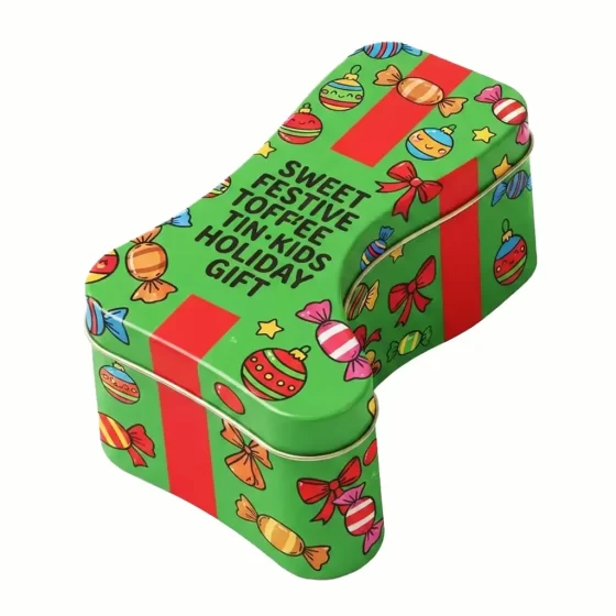 Christmas stocking-shaped tin box with festive candy and ribbon printing Christmas stocking-shaped tin box with festive candy and ribbon printing